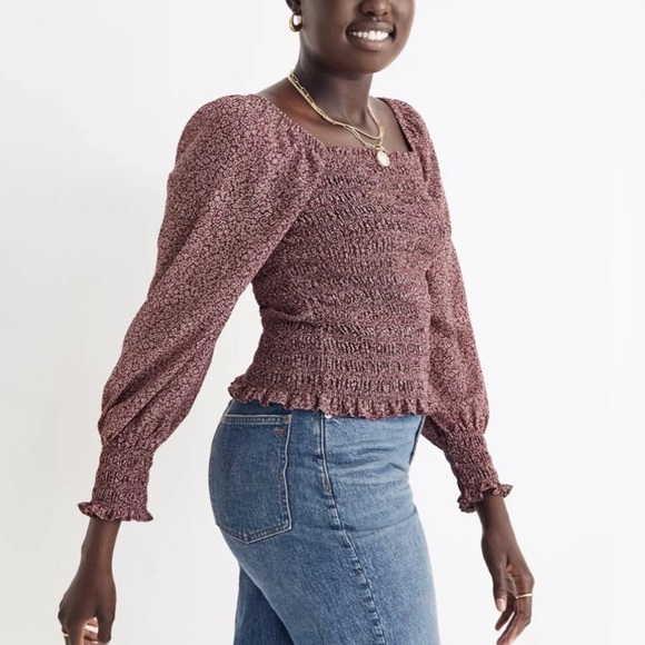 Madewell Lucie Mulberry Cottage Garden Print Bubble Sleeve Smocked Top Size S - Picture 1 of 7